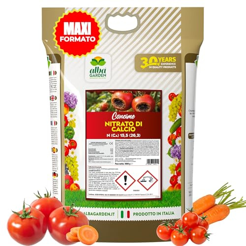 Albagarden | Nitrato di Calcio Granulare MAXI 4 Kg – Concime Azotato per Pomodori, Contro il Marciume Apicale Nero - Effetto Starter, Rinforza i Tessuti Vegetali