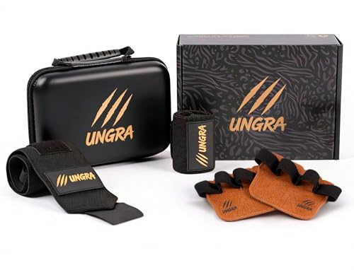 Muñequeras Gym + Calleras de Cuero + Estuche Impermeable | Kit Crossfit Calistenia Pesas UNGRA | Grips Antideslizantes Protector Manos y Muñecas | Talla Única Unisex | Regalo Deportista