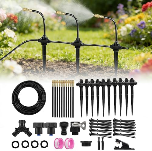 Bewässerungssystem Garten mit Erdspieß, 20M Automatische Bewässerung mit 20 Düsen, 360° Einstellbare Tropfbewässerung, Gartenbewässerungssystem für Balkon Garten Gewächshaus Sprühnebel Kühlung (10M)