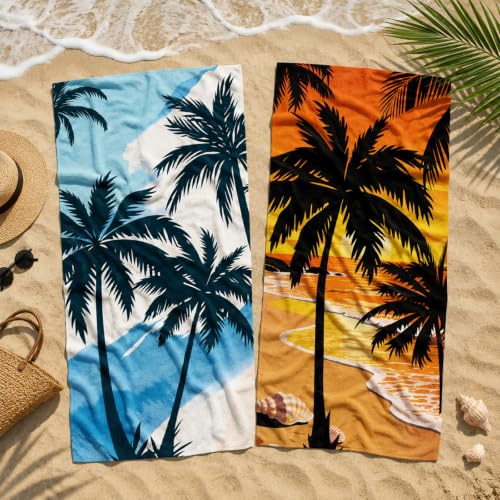 ORIGACH 2Pack Coconut Theme Thin Lightweight Microfiber Beach Towel, 71x31 | Oversized Coconut Tree Beach Bowel Beach Blanket for Travel Sports Pool Swimming Bath Camping Yoga