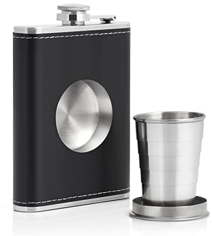 Stainless Steel 6.8 Ounce Hip Flask with Built in Collapsible 2 Ounce Shot Glass