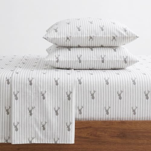 Eddie Bauer - Queen Sheet Set, Warm Breathable Cotton Flannel Bedding with Deep Pockets, Brushed for Extra Softness, Cozy Home Decor, Oeko-Tex Certified (Deer Lodge Beige, Queen)