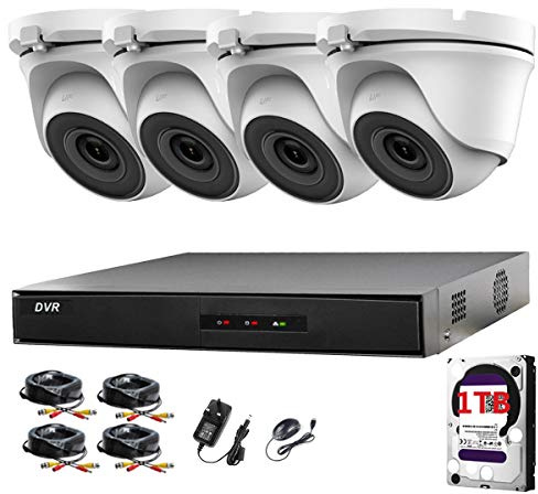 HIKVISION HIWATCH 4CH DVR CCTV Kit sistema de seguridad y 4 cámaras HIKVISION HIWATCH blancas resistentes a la intemperie 20 m IR visión nocturna fácil P2P 1TB disco duro