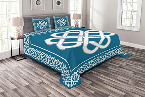 ABAKUHAUS irisch Tagesdecke Set, Celtic Liebes-Knoten-Symbol, Set mit Kissenbezügen farbfester Digitaldruck, für Doppelbetten 264 x 220 cm, Dunkles Aqua White