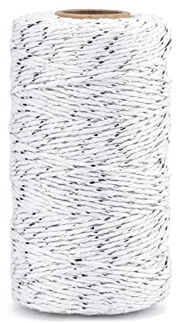 G2PLUS White Cotton Twine with Silver Glitter String - 100M Christmas Decorative Bakers Twine for DIY Gift Decorations