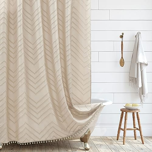 Extra långt bohemiskt duschdraperi, lantligt, vävt tyg, tuftad, Chevron, beige, randigt, 183 x 244 cm, modern, chic, texturerad, minimalistisk badrumsgardinsset