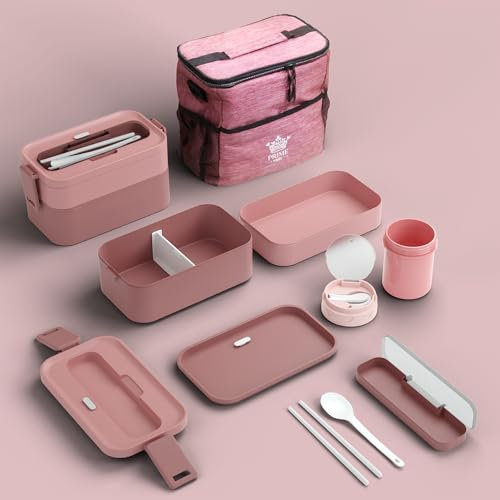 PRIME FEEL Bento Box (1600ml), 2 Tier BPA-Free Bento Lunch Box with Insulated Lunch Bag, Cutlery Set & Soup Cup, Leak-Proof Lunchbox Adults and Kids for Office, School, Picnic or Travel, Pink