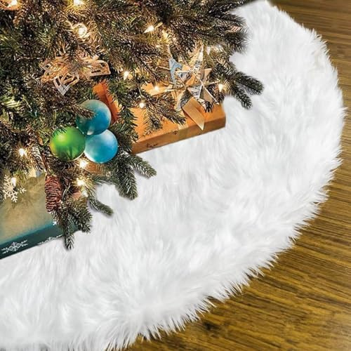 Gonna per Albero di Natale, 90cm Bianca Finta Pelliccia Tappeto Gonne per Alberi di Natale per Sotto Albero di Decorazione Natalizia