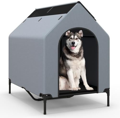 COSTWAY 2 en 1 Niche pour Chien Exteriéur Intérieur, 75x110x106 cm, Fenêtre Ventilée, Housse Amovible, Chenil pour Chien Exterieur, Tissu Oxford, Base Surélevée, pour Moyen Grand, Capacité 40 kg