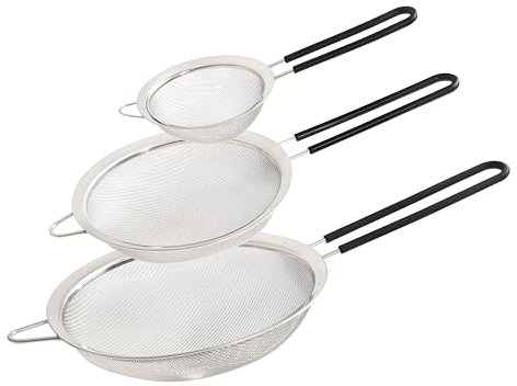 Wiltshire Set of 3 Sieves, Stainless Steel Fine Wire Mesh Strainer with Non-Slip Silicone Coated Handle, Colander & Sifter, Sift Strain Drain & Rinse, 10cm 15cm & 20cm, Dishwasher Safe, Midnight Black