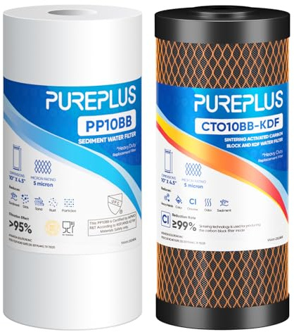 PUREPLUS Filtre à eau pour toute la maison, sédiments et KDF, 25,4 x 11,4 | Lot de 2 cartouches : sédiments + bloc de carbone KDF, élimine les métaux lourds, réduit le chlore, les odeurs