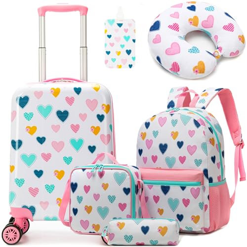 5-delad barnväska, barnvagn med ryggsäck, nackkudde, lunchväska, pennfodral och bagagelappar, barnbagage med hjul, handbagage, resväska, hårt fodral för flickor, Vitt hjärta, 31 x 19.5 x 40.5 cm