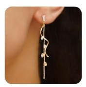 HANLI Colgar Largo Pendientes Dorados Mujer Baño Oro de 14Kt Zirconia Cúbica Antialergicos Minimalistas Joyas para Mujer