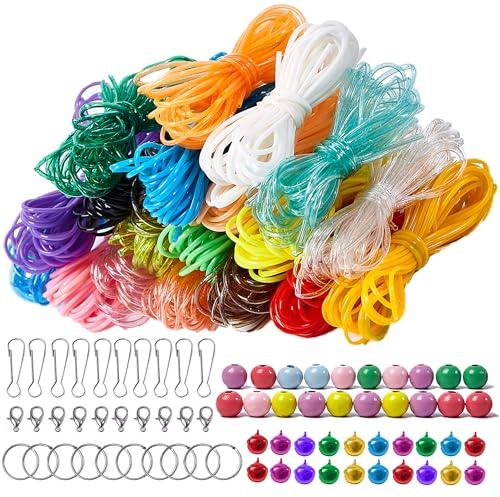 Gudotra 200 Pièces Scoubidou Fil 20 Couleurs x 100cm avec Porte-clés Crochets Perles Cloches pour Bracelets Colliers Bricolage l'Artisanat