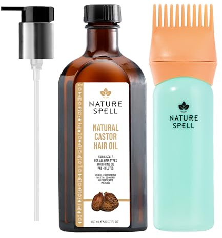Nature Spell Castor Oil for Hair, Skin, Eyelashes, Eyebrows and Nails, Pre-Diluted Castor Oil for Hair Growth & Scalp, Split Ends and Dry Skin, with Pump and Root Comb Applicator, Vegan, 150ml