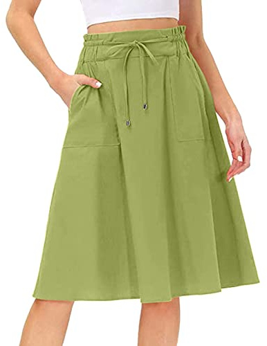 Gonna Estiva Donna Al Ginocchio Cotone E Lino Tinta Unita Gonne Estive Donna Elastico In Vita Boho Gonna Midi Larga A Trapezio Con Tasche Gonne Estive Leggere A Vita Alta Con Coulisse Abito Corto