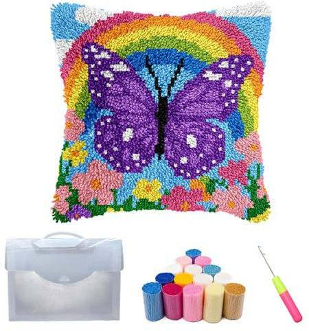 Xiyocadt Schmetterling Knüpfhaken-Set für Erwachsene und Kinder, Anfänger,DIY Knüpfkissen-Set,43x43cm,Vorgedruckte Bastelteppich-Kits,Kreuzstich,Stickerei,Kissenbezug für Zuhause,Sofa,Dekoration (F)