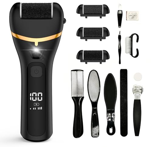 Râpe Ponceuse Pieds Electrique, 14 en 1 Kit de Pédicure Anti-callosité Rechargeable 1200 mAh Avec 3 rouleaux de rechange 3 Vitesses rapports Rappe Pieds Pédicure Étanche IPX4 et lumière LED(Black)