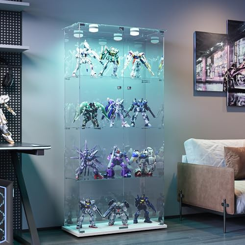HYNHXBP Vitrina de Cristal Moderna de 2 Puertas con iluminación LED, Vidrio Templado de Alta definición, con Cerradura y Base Estable, Ideal para salón, Dormitorio u Oficina (BlancoD, 4 Pisos)
