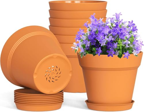 LATERN 10 Pezzi Vasi da Fiori in Plastica, 15CM Vaso per Piante Più Spesse Vaso da Vivaio con Controllo delle Radici con Foro di Drenaggio e Sottovaso per Piante Fiori Erbe Grasse Cactus (Terracotta)