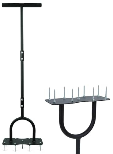 MILLUXXi Aireador de césped con pinchos de metal, herramienta de aireación manual de césped, aireador de suelo con picos de hierro escalonados alternos, herramientas de aireador de césped premontadas