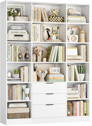 HOCSOK Large Bookcase with 3 Drawers, 16 Cubes, 6-Tier 180cm Tall Bookshelf | Adjustable Shelves, Book Shelf for Living Room, Home Office, Study, Wooden Shelving Unit, White, 180.5H x 135W x 28.5D cm