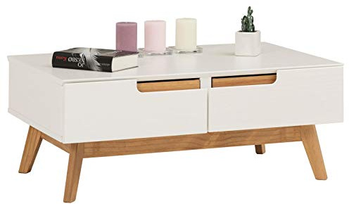 Table Basse Tibor Style scandinave Design Vintage Nordique Table de Salon rectangulaire avec 2 tiroirs et 2 niches, en pin Massif lasuré Blanc, dim (LX H x P) : 90 x 36 x 60 cm