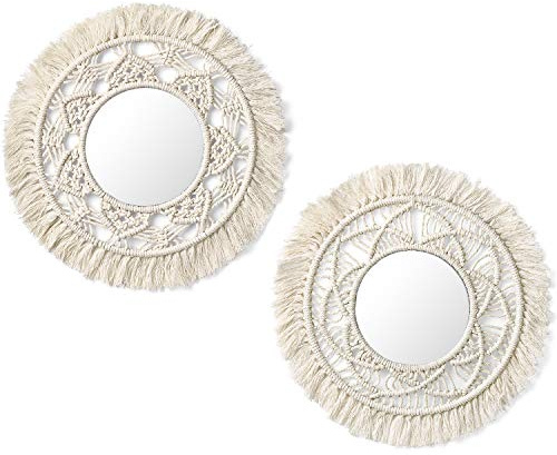 Mkouo Miroir Mural Suspendu with Frange en macramé 2 Set Small Round Decoratic Boho Antique Miroir for Apartment LivingRoom Bedroom Baby Nursery,Beautiful Gift Ideas