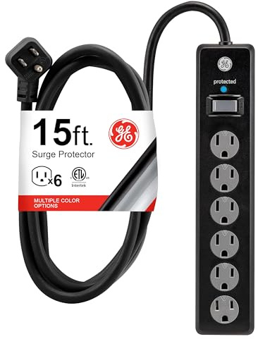 GE Surge Protector Power Strip, 15 Ft Extension Cord, 6 Outlet Extender, 800 Joules, Flat Plug, Twist-to-Close Safety Covers, ETL Listed, Black, 50767