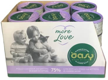 Oasy More Love cibo umido naturale per Gattini gusto Pollo con Uova. Confezione da 24 scatolette (1 scatoletta = 70 gr.) Formulato senza glutine