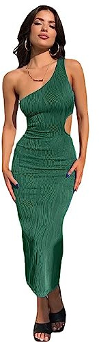 QKEPCY Vestido de un Hombro Mujer Asimétrico Elegante Vestidos Fiesta Corte Lateral Bodycon Largo Sexy Vestido Coctel Ceremonia Ajustado Evento Formal Noche