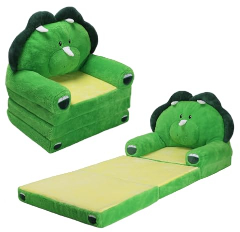 Plüsch Faltbarer Kinder-KinderSofa-Rückenlehen-Sessel 2 in 1, Weiche Cartoon Kindersessel mit Reißverschluss, Standfest Leichtgewicht Flip Open Kinderstuhl für Schlafzimmer Wohnzimmer, Dinosaurier