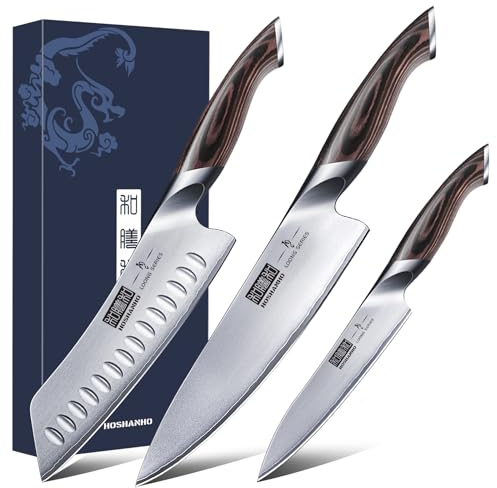 HOSHANHO Set di Coltelli da Cucina, Set di Coltelli con Acciaio Inossidabile, Coltello da Chef 20 cm Affilati Coltello Santoku 18cm Coltello Multiuso 15cm