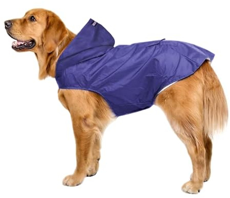Voarge Impermeabile per cani, Impermeabile per cani di taglia media e grande con cappuccio, Poncho antipioggia impermeabile con striscia riflettente per cani di piccola taglia (3XL, Blu)