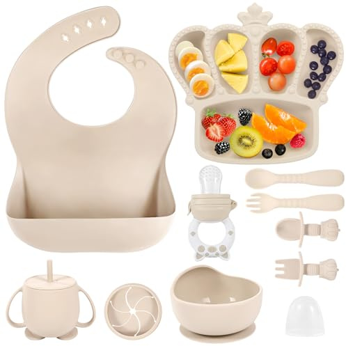 Silicone Baby Feeding Set 10 Pcs Baby Led Weaning Supplies Suction Bowl Divided Plate Baby Bibs Fruit Feeder Baby Spoons Forks Sippy Cup Toddler Utensil Sets Baby Essentials for Newborn Gift