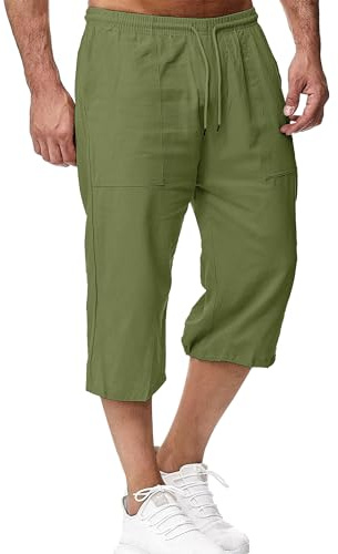 LVCBL Short en Lin pour Homme, Longueur 3/4, Pantalon d'été, pour la Plage, Le Yoga, Le Jogging, Décontracté
