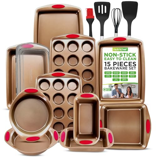 NutriChef 15-Piece Nonstick Bakeware Set w/ Baking Utensils – Premium Oven Safe Baking Pans with Silicone Handles, Easy Clean, Dishwasher Safe Tray Set for Cakes, Muffins, Bread, Cookies & Roasting