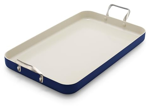 GreenPan 18 x 11 Double Burner Griddle Pan, Hard Anodized Healthy Ceramic Nonstick PFAS-Free, Stainless Steel Handles, Stovetop Cooking, Dishwasher Safe, Oven & Broiler Safe Cookware, Oxford Blue
