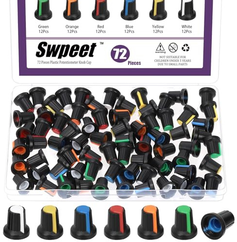 Swpeet 72Pcs 6 Colors 15x17mm 6mm Knurled Shaft Insert Potentiometer Rotary Knob Assortment Kit, Plastic Potentiometer Volume Control Rotary Knob, Speaker Effect Pedal Amplifier Potentiometers Knob