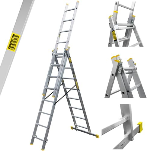 Bayersystem BS-DW 3x8 Mehrzweckleiter, 3x8 Sprossen, 3-teilige Alu-Kombileiter, bis 150 kg belastbar, max. Arbeitshöhe 5,27 m, Klappleiter, Multifunktionsleiter, Stehleiter, Silber/Gelb