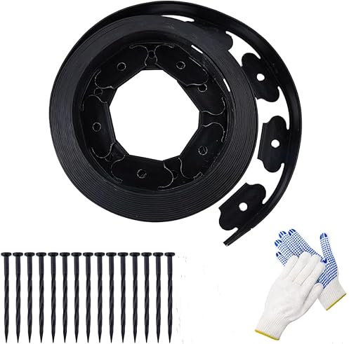 CiCixixi Bordura per Aiuola, Bordura per Giardino 10m x5cm, Bordature da Giardino, Bordure con Guanti e 30 Unghie, per Aiuole, Bordo per Giardino, Prato, Aiuola