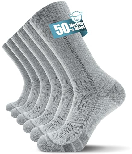 TANSTC Chaussettes Homme Femme 43-46 Chaussette Antidérapante Respirant de Randonnée en Laine Mérinos, Chaussettes Hautes Sports Homme Femme, Trail Running, 3 Paires Gris