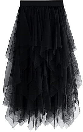 L&ieserram Falda de tul larga para mujer, falda larga de tul, enagua de cintura alta, línea A, hasta la rodilla, para Halloween, carnaval, disfraz, fiesta, Color negro., Talla única