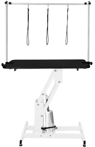 Hydraulic Pet Dog Grooming Table Lift Height Adjustable H Bar 180kg Weight Capacity Large 106cm x 61cm Black Rubber Top Professional Heavy Duty Steel White Frame 4 Adaptable Stable Feet 3 Loop Leashes