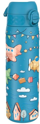 ion8 Vakuumisolierte Edelstahl-Trinkflasche, 500 ml, Auslaufsicher, Einhandöffnung, Sichere Verriegelung, Spülmaschinenfest, Tragegriff, Leicht zu Reinigen, Langlebig & Kratzfest, Flugzeuge Design