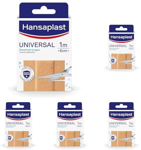 Hansaplast Tira universal de apósito adhesivo resistente al agua, vendaje autoadhesivo fuerte y transpirable, tira adhesiva para heridas menores, recortable, 1 tira de 10 x 6 cm (Paquete de 5)