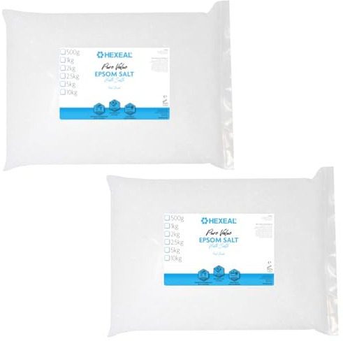Hexeal Pure Value Epsom Salt 10kg – 2 x 5kg Bags of Food Grade Magnesium Sulphate for Bathing, Gardening & Household Use – Suitable for Personal Care, Soil Enrichment, and More
