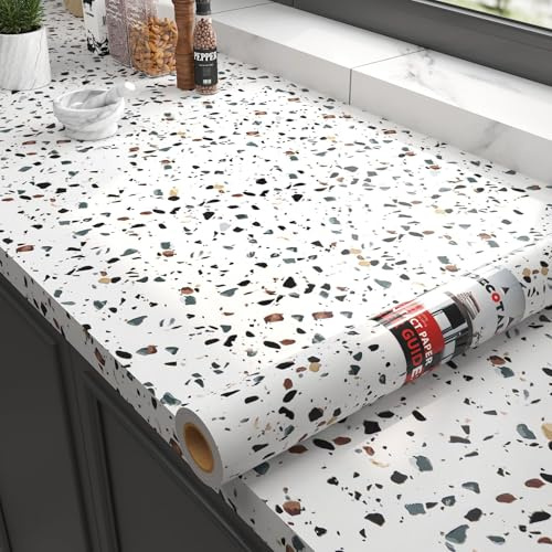 Decotalk Pellicola Adesiva Per Mobili Effetto Terrazzo Bianco Lavabile 60X300cm Carta Adesiva Per Mobili Bianco Carta da Parati Moderna Per Tavolo Decorazioni Parete Rivestimento Cucina Rimovibile