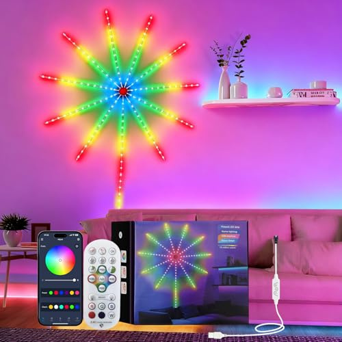 Luz LED de Fuegos Artificiales Inteligente, Guirnalda de Luces LED con Bluetooth Artificiales Mando a Distancia , Tira de Luces LED Inteligentes RGB para Decoración Navidad, Fiesta, del Hogar