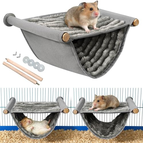 YingBiao Rat Hammock, Rat Cage Accessories, 2 Layers Hamster Hammock for Cage Guinea Pig Hanging Plush Warm Bed Pet Hideout Swing Toy Accessories for Ferret Chinchilla Parrot Playing Sleeping (Grey)
